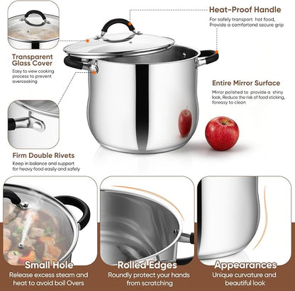 P&P CHEF Stainless Steel Stock Pot, 12 Qt Cooking Soup Pot with Visible Lid for Pasta, Tri-Ply Bottom & Dual Heatproof Handles, For Induction Gas All Stoves, Non-Toxic & Dishwasher Safe