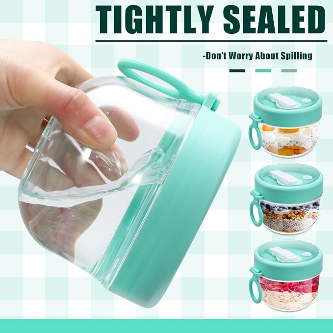 Gerrii 4 Pcs Overnight Oats Container with Lids and Spoons, 20 oz Plastic Overnight Oats Jars Large Capacity Airtight Yogurt Container for Milk, Fruit, Cereal and Salad Storage (Cyan)
