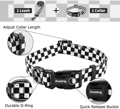 Ihoming Dog Collar and Leash Set for Daily Outdoor Walking Running Training, Chess Board Design for Small Boys Girls Dogs Cats Pets, S-Up to 20LBS