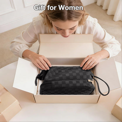 Abiudeng Large Makeup Bag for Women,Travel Makeup Organizer with Brush Holder, Dopp Kit Essentials,Waterproof Checkered Cosmetic Bag for Traveling,Multi Compartment,Cute,Spacious Capacity-Black