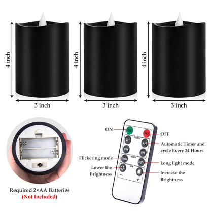 Woocodowe Black Pillar Flameless Candles - 3D Flickering, Remote Timer, Battery Operated, 600+ Hours, Halloween & Gothic Themed Decor (Black, 3"*4"-3pcs)