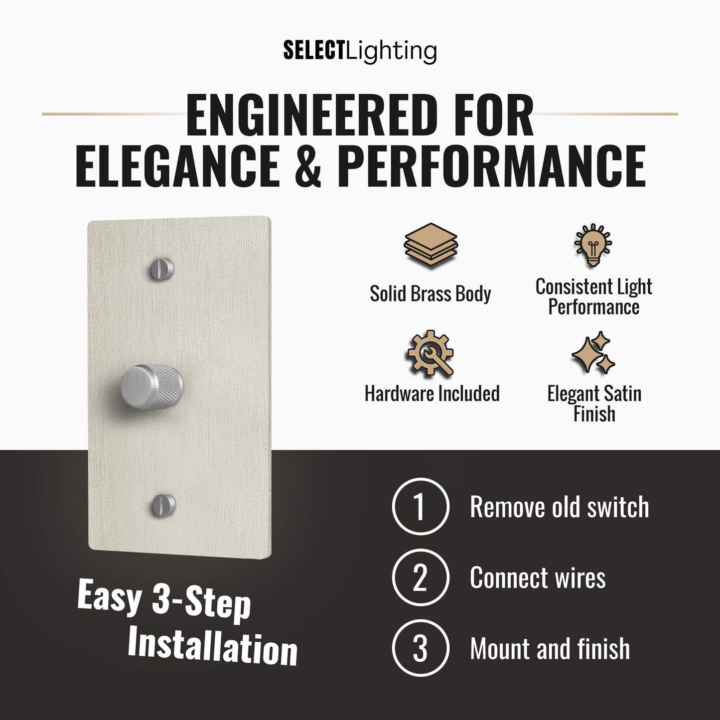 SELECT Rotary Dimmer Switch, Solid Brass, 1-Gang, Satin Nickel