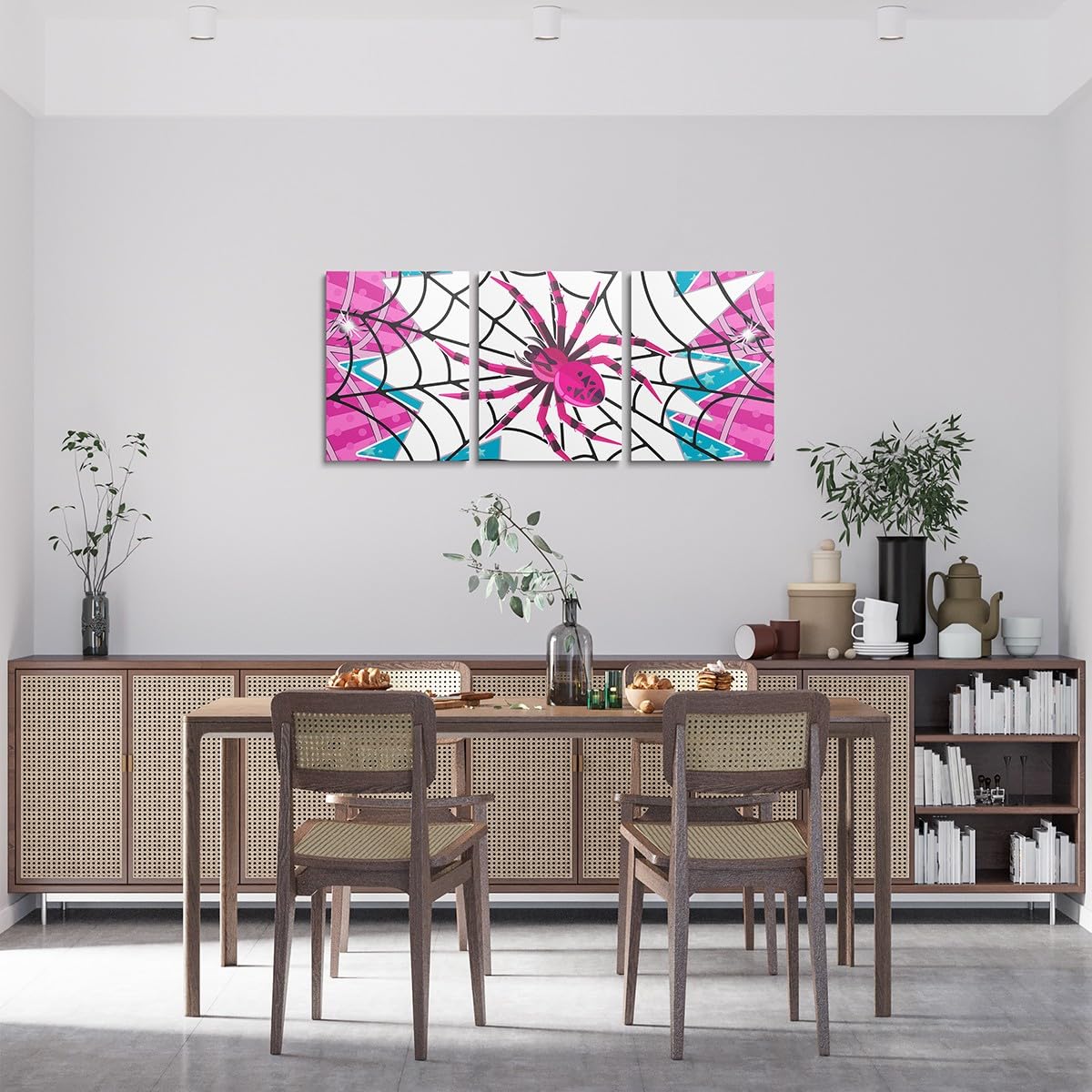Pink Spider Canvas Wall Artwork Decor,Black Spider Web Halloween Gothic Trippy Girls Boys Bedroom Wall Painting,Stars Stripe Geometric Poster Pictures,Unique 3 Pieces Framed Canvas Wall Art
