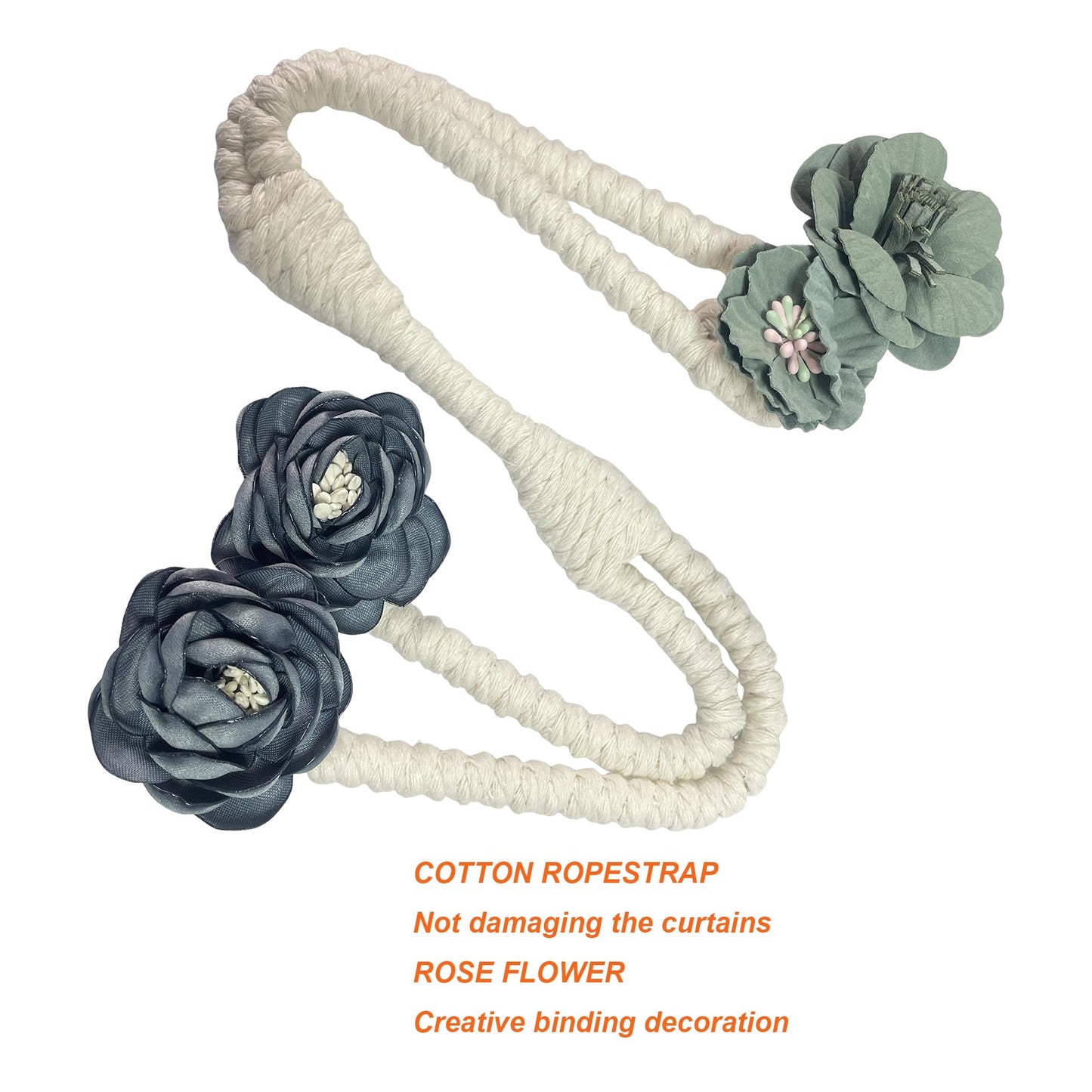 Flower Curtain Tie Backs, Flexible Curtain Holdbacks Clips Cute Twist Bough Handmade Curtain Tieback Decorative Rope for Besdroom Window Treatment (2, Rose Flower Blue)