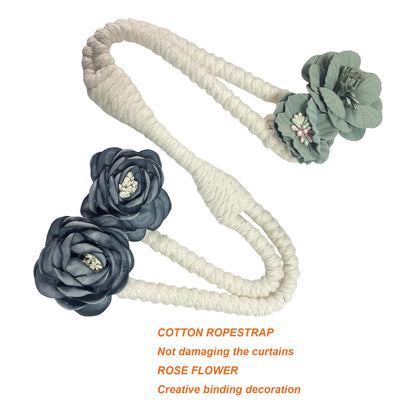 Flower Curtain Tie Backs, Flexible Curtain Holdbacks Clips Cute Twist Bough Handmade Curtain Tieback Decorative Rope for Besdroom Window Treatment (2, Rose Flower Blue)