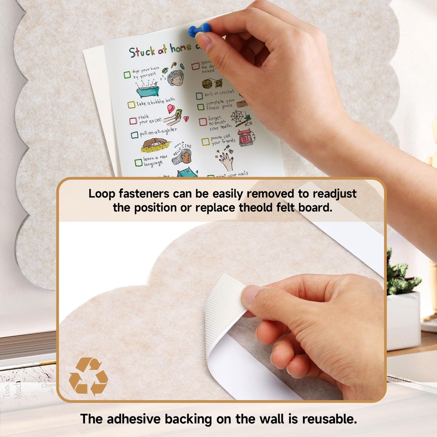 Felt Bulletin Board 36" x 24" Cork Board Alternative,Decorative Felt Pin Board Foldable Cork Boards for Walls Self-Adhesive Cork Board for Home Office Classroom Pin Board (Beige)