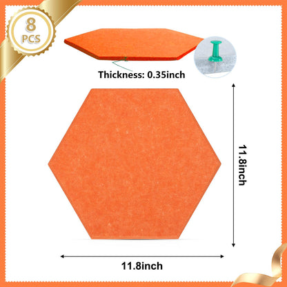 8 Packs Hexagon Felt Pin Board, 12" Bulletin Board with 30 Push Pins, Felt Board for Home Kitchen Office Decor, Self-Adhesive Corkboard Tiles for Walls School Message Photos Memos-Orange