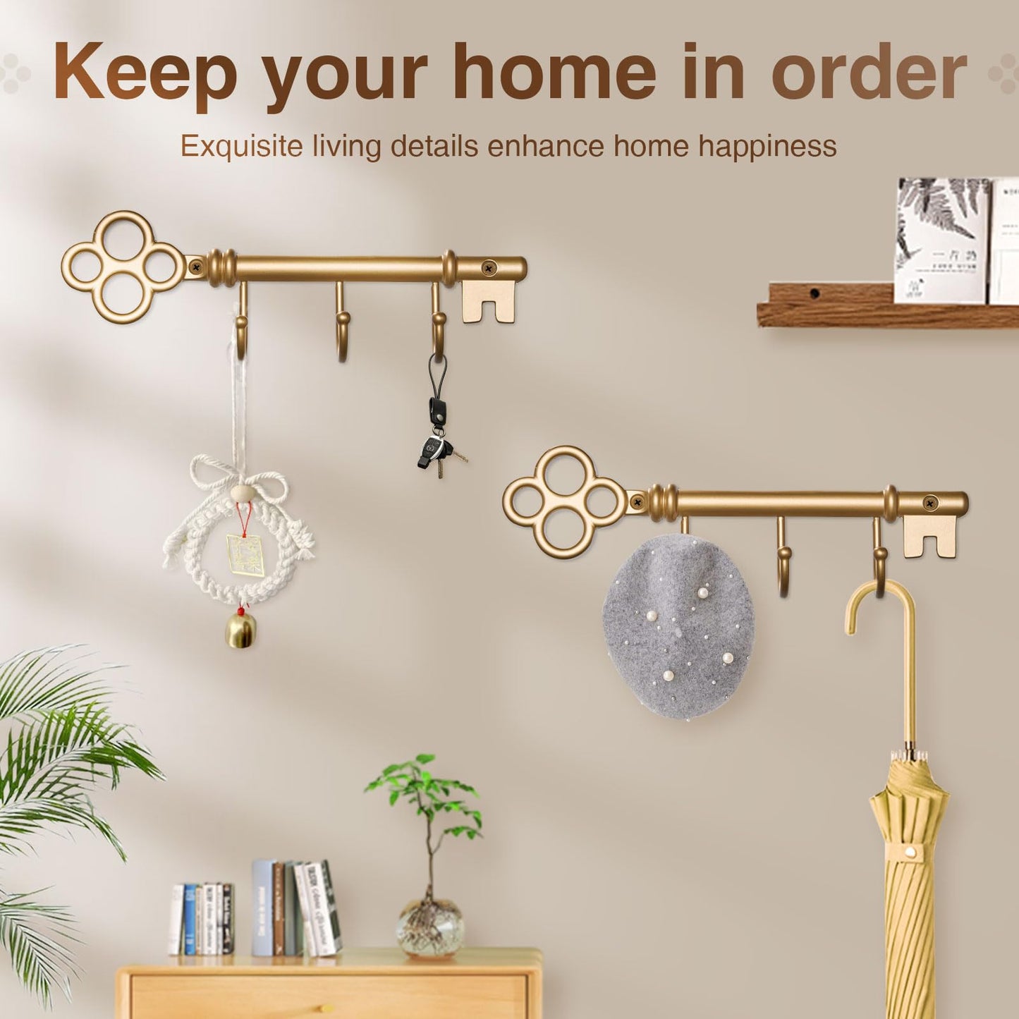 FantasHome Classic Wall Mounted Key Holder Hook Rack, Vintage Key Rack for Entryway (Gold)