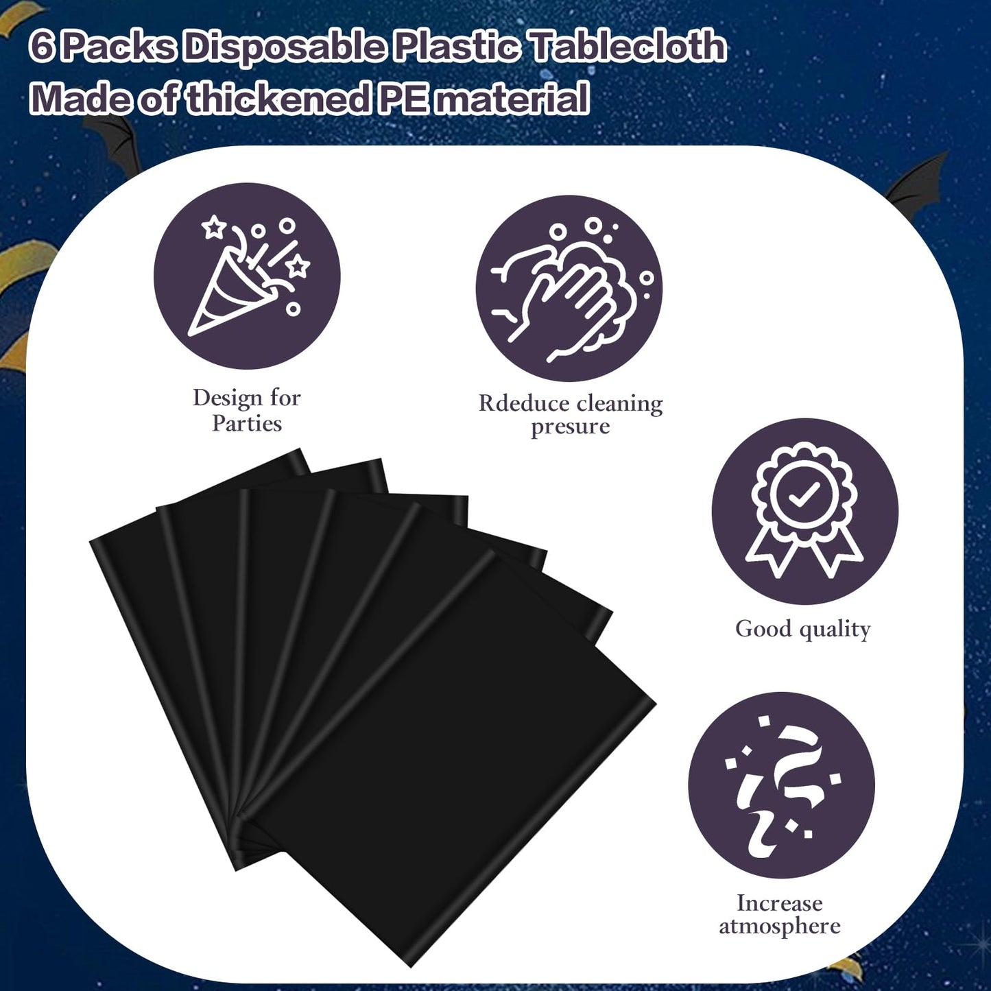 mwellewm 6 Pcs Black Plastic Tablecloth 54 x 72 Inch Disposable Table Cloths, Party Decorations Rectangle Plastic Cover Tablecloth for Graduation Picnic Home Decor Indoor or Outdoor Parties Birthday