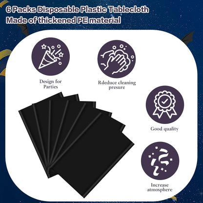 mwellewm 6 Pcs Black Plastic Tablecloth 54 x 72 Inch Disposable Table Cloths, Party Decorations Rectangle Plastic Cover Tablecloth for Graduation Picnic Home Decor Indoor or Outdoor Parties Birthday