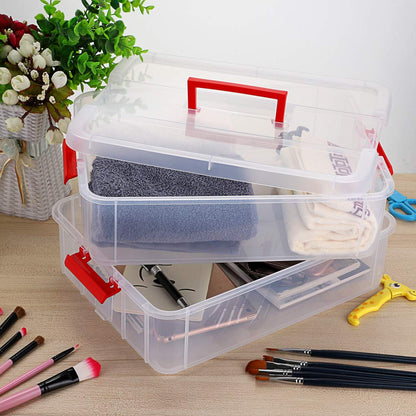 JUXYES 2-Tiers Stack Carry Storage Box With Handle, Transparent Stackable Storage Bin With Handle Lid Latching Storage Container for School & Office Supplies (Red)