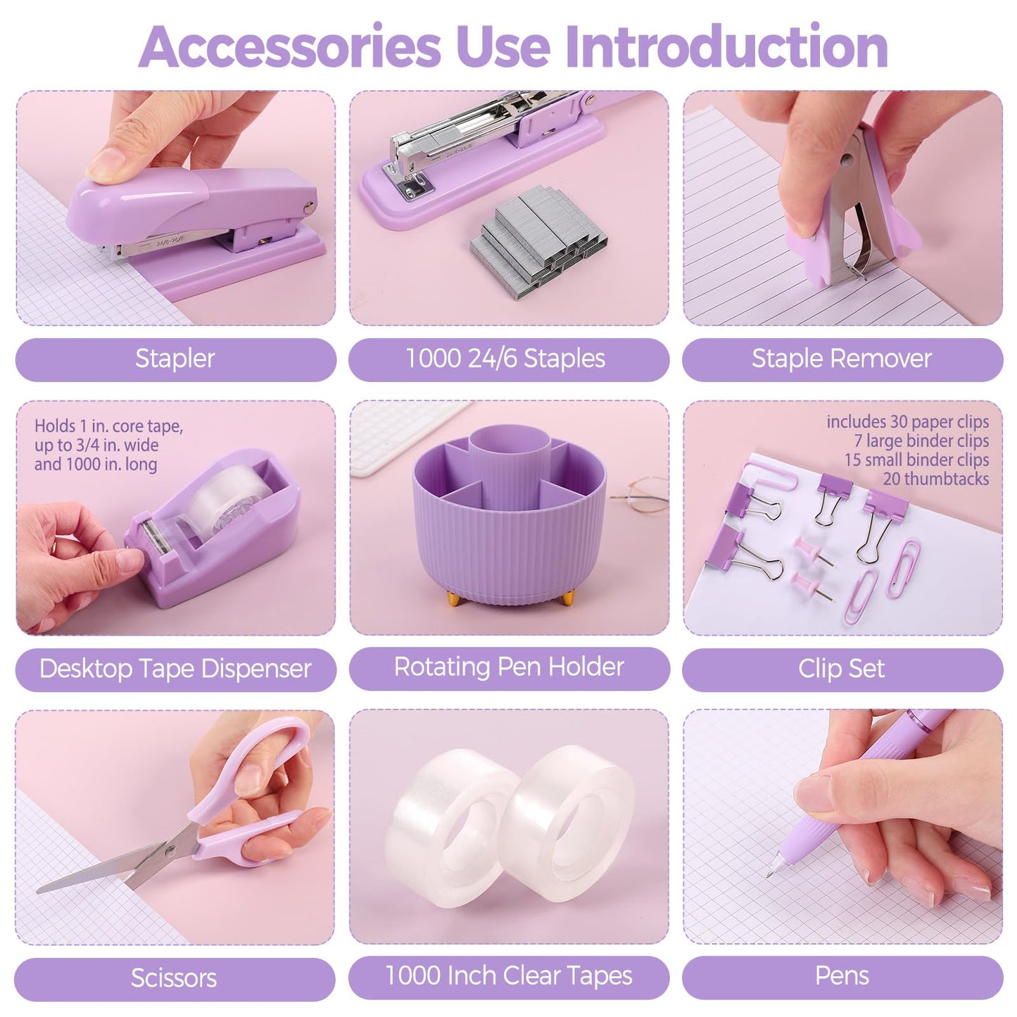 SKYDUE Purple Office Supplies Set, Purple Office Desk Accessories 10PCS, Pencil Holder for Desk, Stapler, Tape Dispenser, Scissors, Ruler, Binder/Paper Clips and 1000pcs Staples,Desk Supplies Set