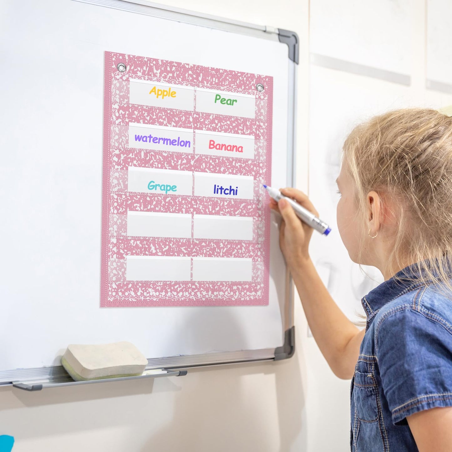 Gueevin 6 Set Magnetic Pocket Chart with 5 Clear Pockets and 30 Dry Erase Cards Painted Classroom Schedule Pocket Chart for Whiteboard Class Demonstrations (Pastel Color,Confetti Pattern)