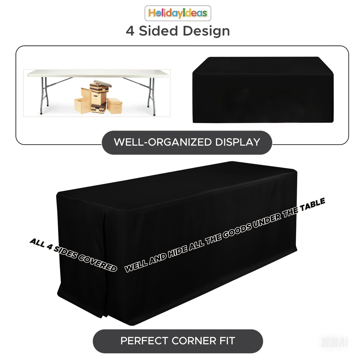 HolidayIdeas 4-Pack 6ft Black Rectangle Craft Shows Fitted Tablecloth