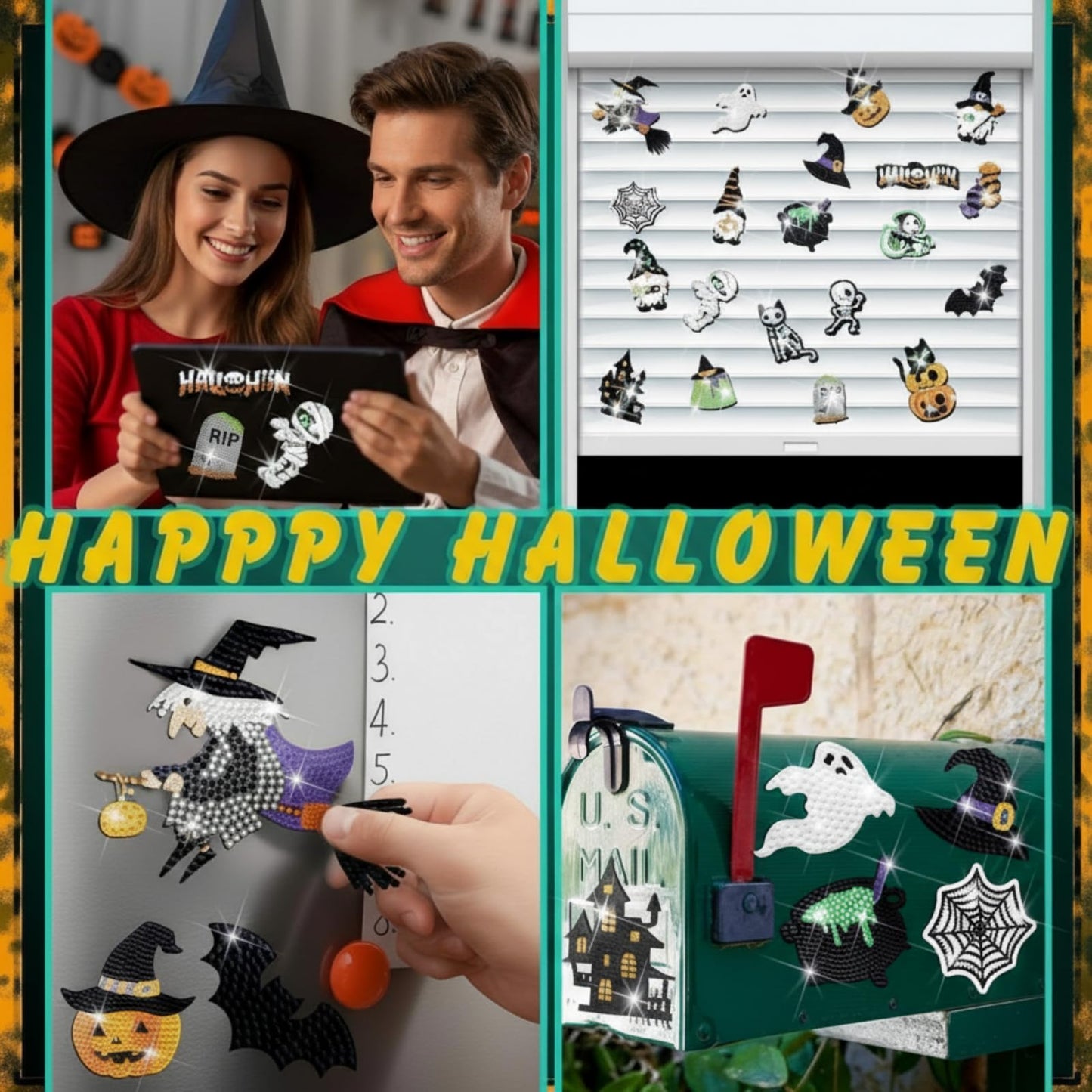Zonon 20 Pcs Halloween Diamond Painting Refrigerator Magnets Diamond Art Kits Fridge Magnets Sticker for Fridge Whiteboards Car Mailbox Decor Halloween DIY Craft