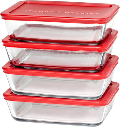 Anchor Hocking SnugFitTM Rectangular Food Storage Containers with Lids (4-Piece, 6-cup, Red, oven-safe)