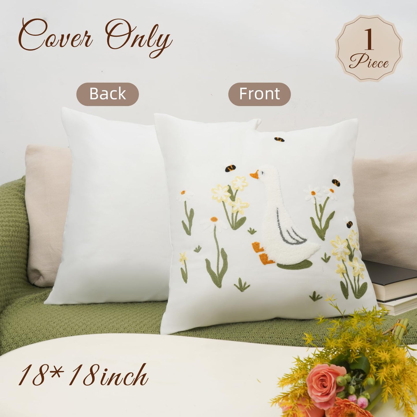 Puresora Embroidery Throw Pillow Covers 18x18-1 Pcs, Decorative Pillow Cases Soft Cushion Case Pillowcase for Chair Sofa Bedroom Living Room Home Decor, Goose