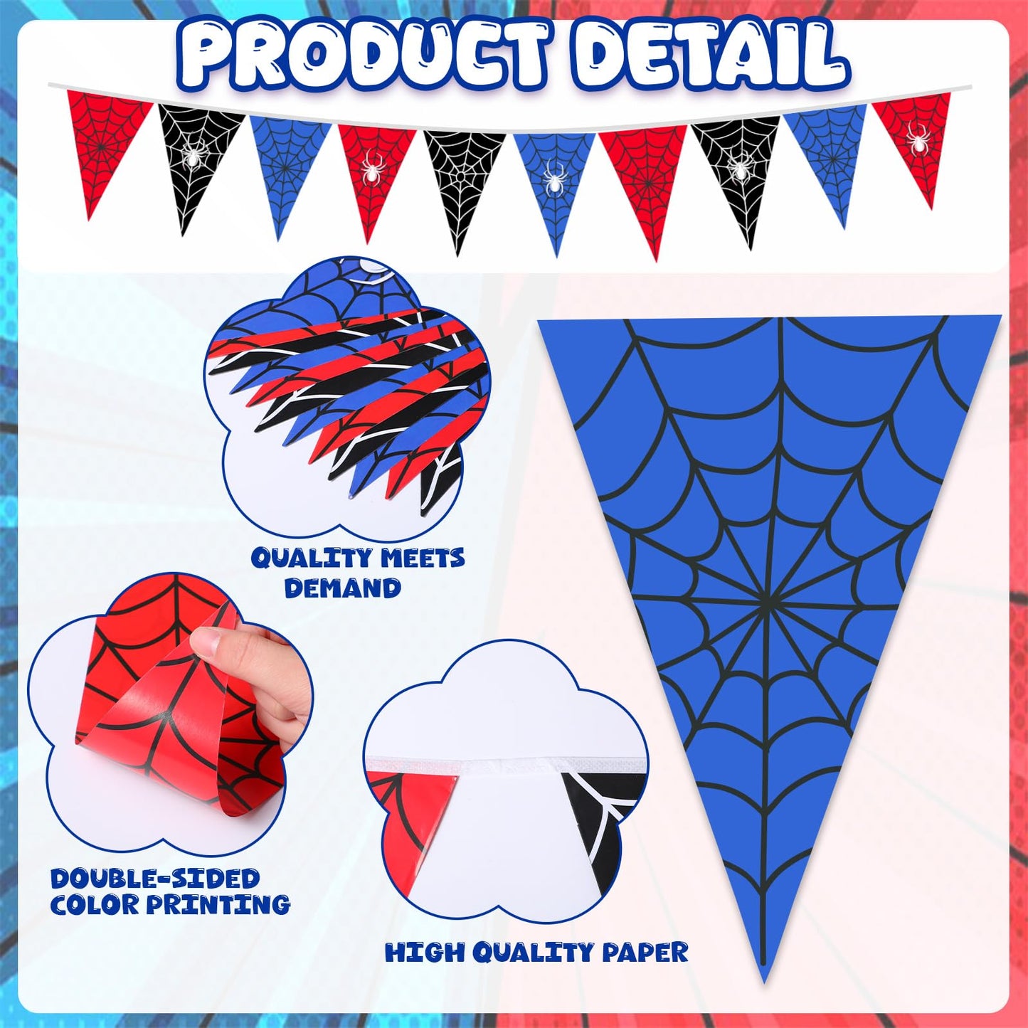 Gilprop 49.2 Ft / 60 Pieces Spider Web Party Decorations Pennant Banner Triangle Flags Garland Bunting Banner for Birthday Gender Reveal Wedding Baby Shower Decor Supplies (Red Blue Black)