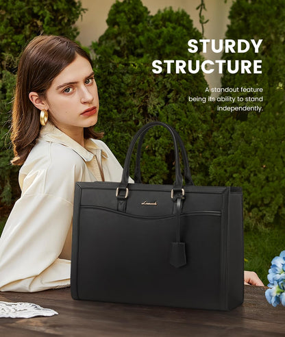 LOVEVOOK Laptop Tote Bag for Women, Leather Office Work Bag Briefcase fit for 15.6 inch Laptop, Large Teacher Computer Bag Handbag,2pcs Set Leather/Black