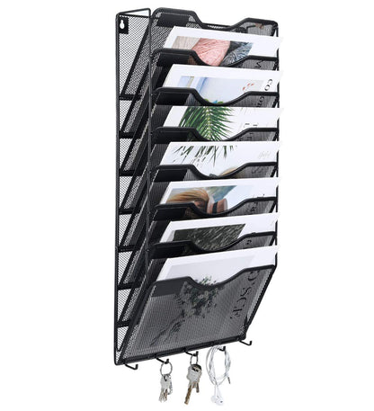 EasyPAG 8 Pocket Mesh Wall File Organizer with Key Hooks, Hanging Paper Folder Holder with Classify Label, Vertical Wall Mount Mail Organizer for Office Home Classroom, Black