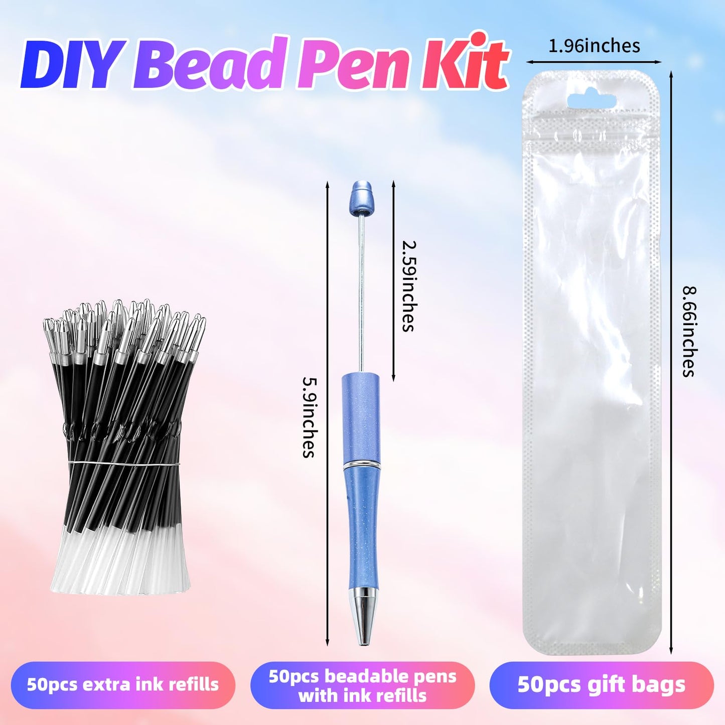 DASTTUIS 150 Pieces DIY Beadable Pen Kit – 50 Plastic Ballpoint Pens with Refills & Bags – School Supplies, Office Accessories & Decorative Items for Students & Teachers (Blue)