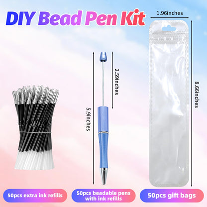 DASTTUIS 150 Pieces DIY Beadable Pen Kit – 50 Plastic Ballpoint Pens with Refills & Bags – School Supplies, Office Accessories & Decorative Items for Students & Teachers (Blue)