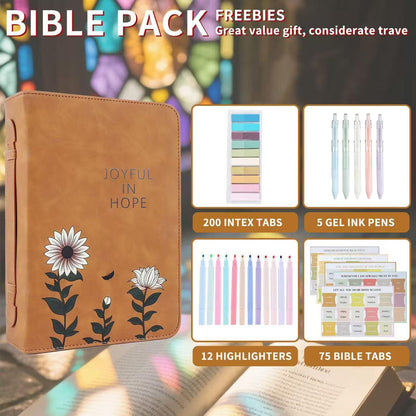 Leather Bible Cover Case with Durable Handle Quilted, Bible Journaling Kit, Bible Study Supplies & Christian Gift for Women and Teens