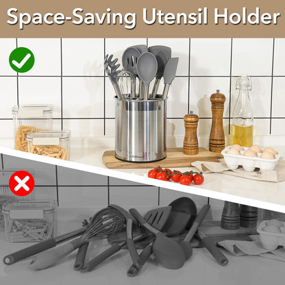 Hillbond 7.5x6.9 Inch EXTRA LARGE Utensil Holder for Countertop, Stainless Steel Rotating Organizer with Removable Divider, Space-Saving for Large Kitchen Utensils Set & Spacious Kitchens