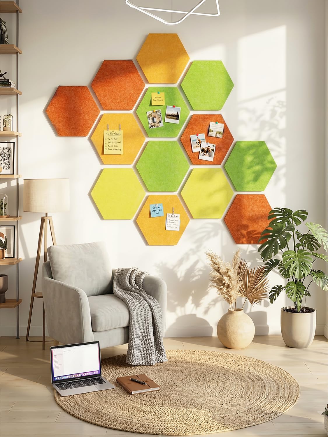 Uoisaiko 8 Pack Hexagon Felt Bulletin Board Tiles - 12" Large Thick Pin Board for Walls with 30 Push Pins, DIY Boards for Office Home School Decor, Aesthetic Hex Cork Board Alternative