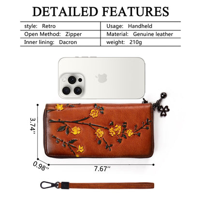 SHARPAD Wallet Genuine Leather for Women - with RFID Blocking Card checkbook ID Slot Large Capacity Vintage style (flower brown)
