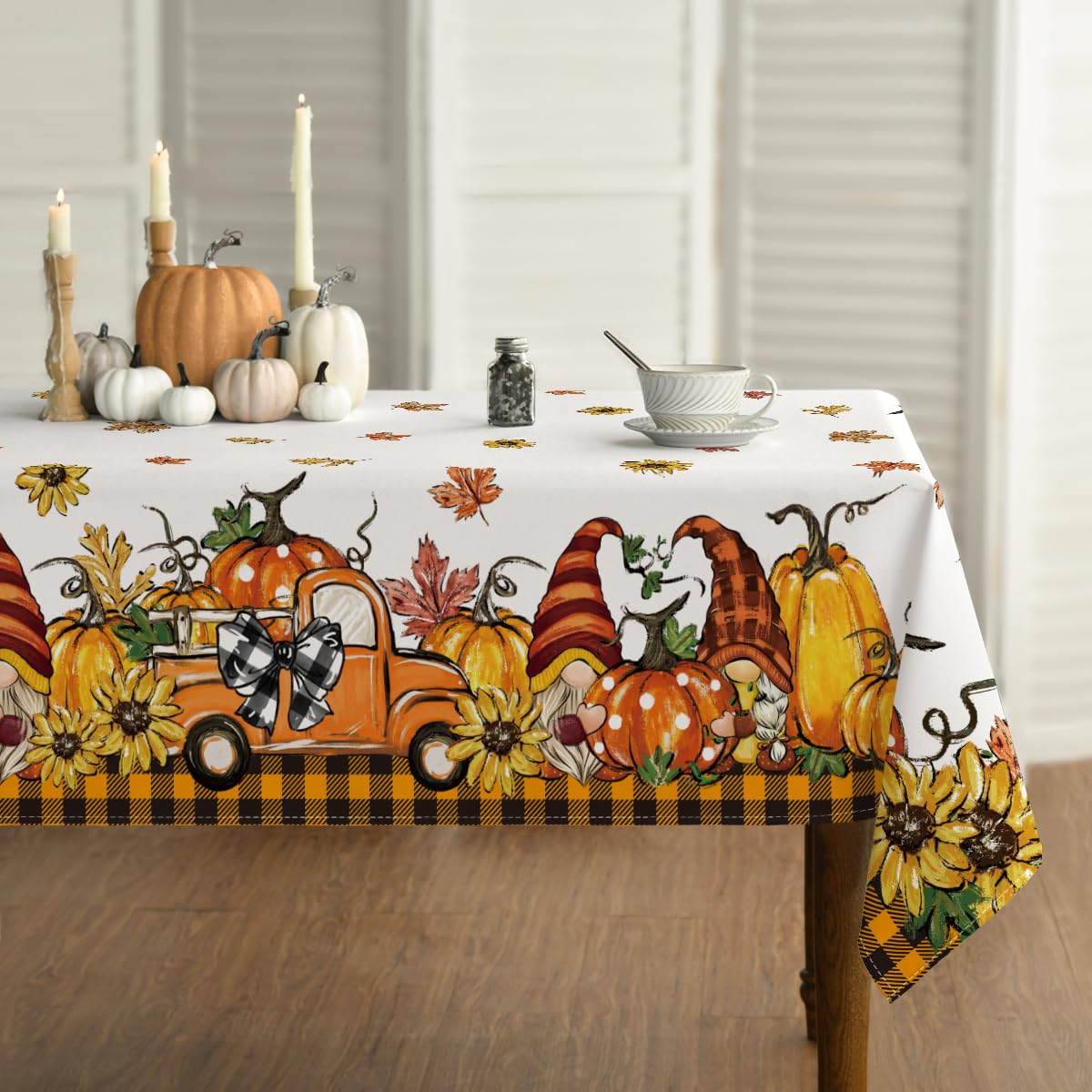 Horaldaily Fall Tablecloth 60x104 Inch Rectangular, Thanksgiving Autumn Harvest Orange Truck Gnome Pumpkin Buffalo Plaid Table Cover for Party Picnic Dinner Decor
