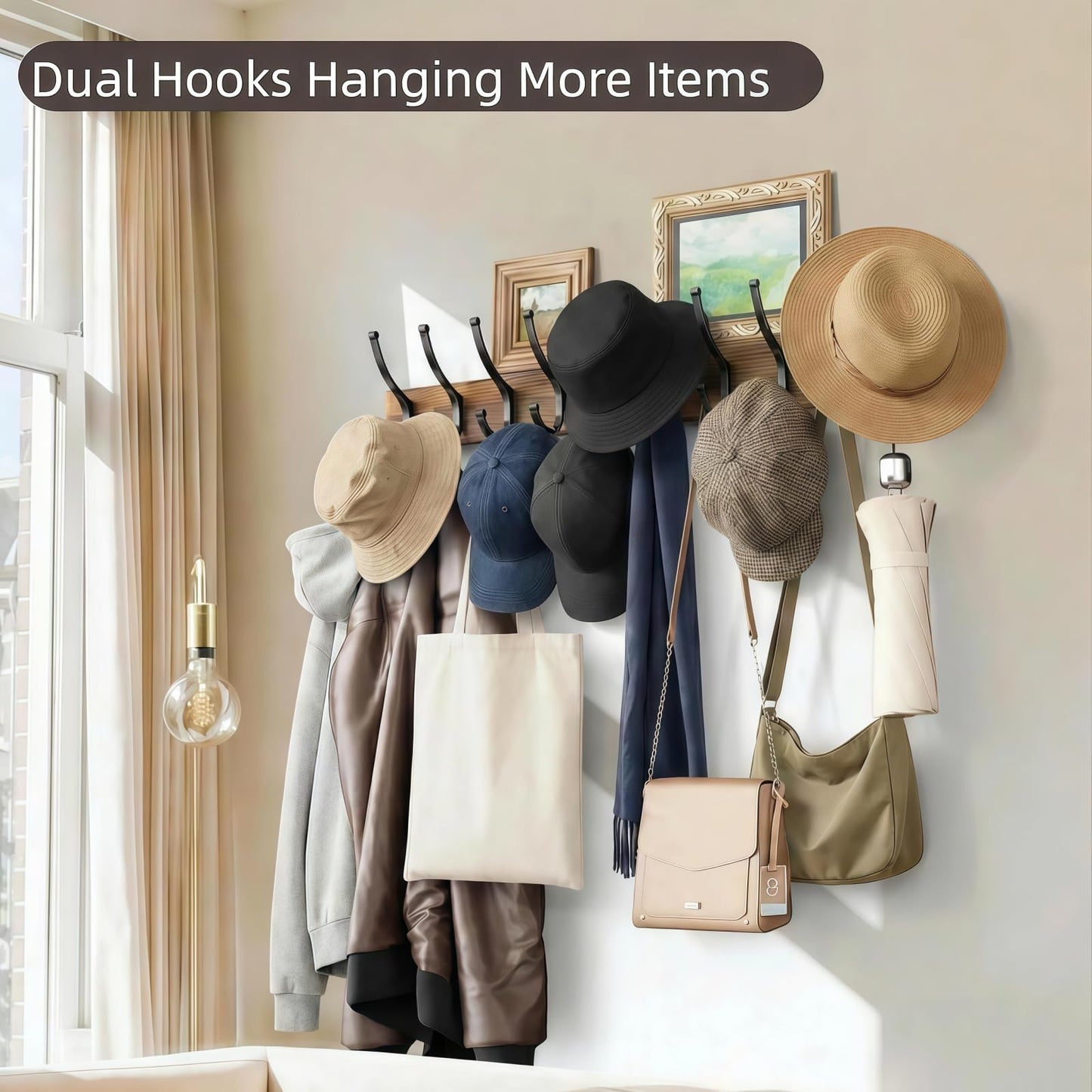 Optish 2 Pack Wooden Coat Rack Wall Mount, 16.1" Rustic Coat Hanger Hooks with 10 Double Hooks, Wall Coat Rack for Hat, Clothes, Bags, Jacket, Brown