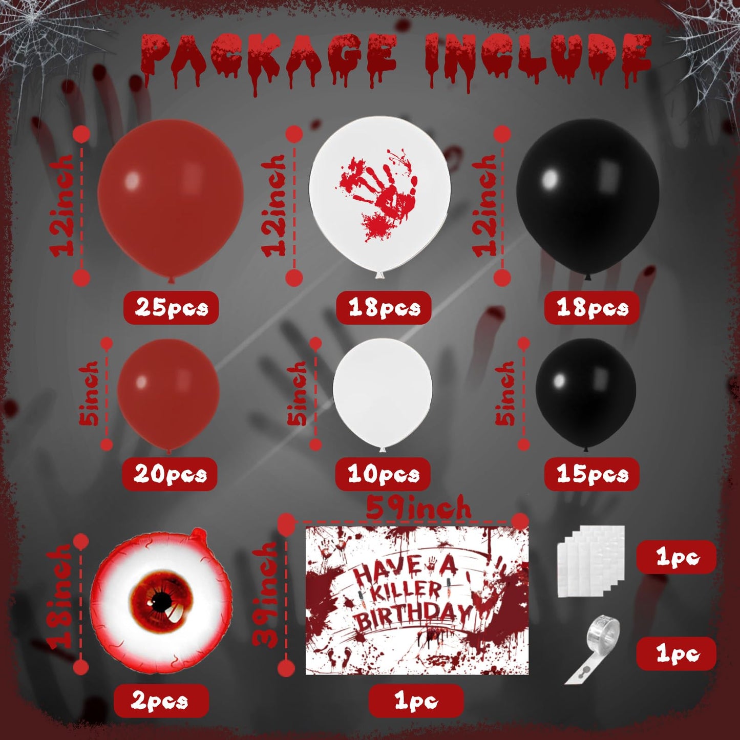 Halloween Balloon Arch Kit Scary Halloween Birthday Party Decorations-Red Black White Bloody Hand Balloons With Have a Killer Birthday Banner Eye Balloons For Hallo-ween Theme Party Supplies