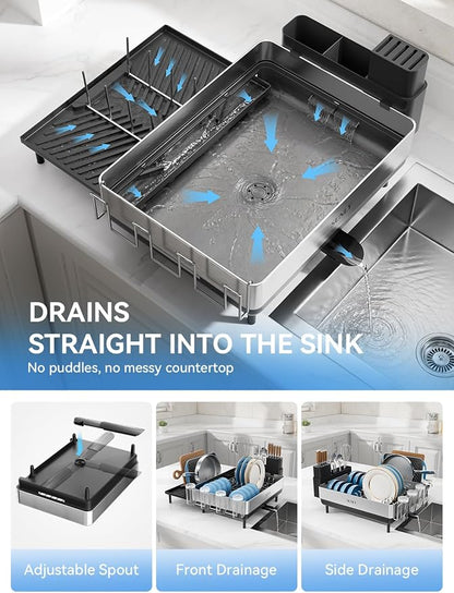 SUNLY Large Dish Drying Rack, Expandable Dish Rack for Kitchen Counter, 304 Stainless Steel Space Saving Dish Drainer with Multifunctional Flip Up Pegs