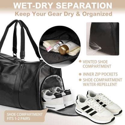 Large 3-in-1 Leather Duffle Bag for Travel Weekender Overnight Hospital Gym Bag for Men & Women, Carry On Airline Approved Personal Item Duffel Garment Bag Luggage with Shoe Compartment & Toiletry Bag