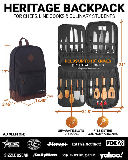 Chef Knife Backpack, Professional Knife Bag for Chefs and Culinary Students, Heritage Design, Reinforced Handles, YKK Zippers, Secure Knife Retention Panels, Durable Water-Resistant Fabric (Black)