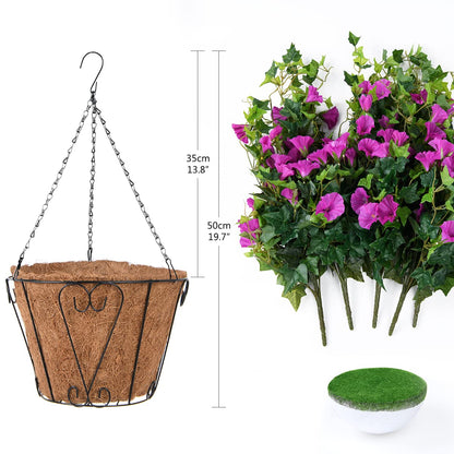 Homsunny Artificial Vine Silk Petunia Flowers Hanging Plant in Basket, Coconut Lining Basket Hanging Plant for Patio Lawn Garden Porch Spring Decor (Purple)