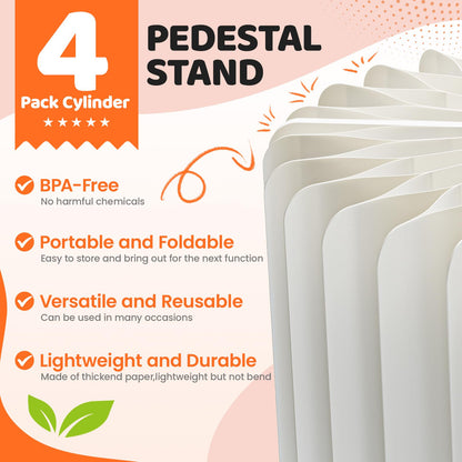 HeiMma 4 Pack Buffet Risers, FOLDABLE Accordion Food Display Risers for Dessert Table,Dessert Table Display Set, White Cardboard Cylinder Cake Cupcake Stands for Party, Multi-height, 12in Round