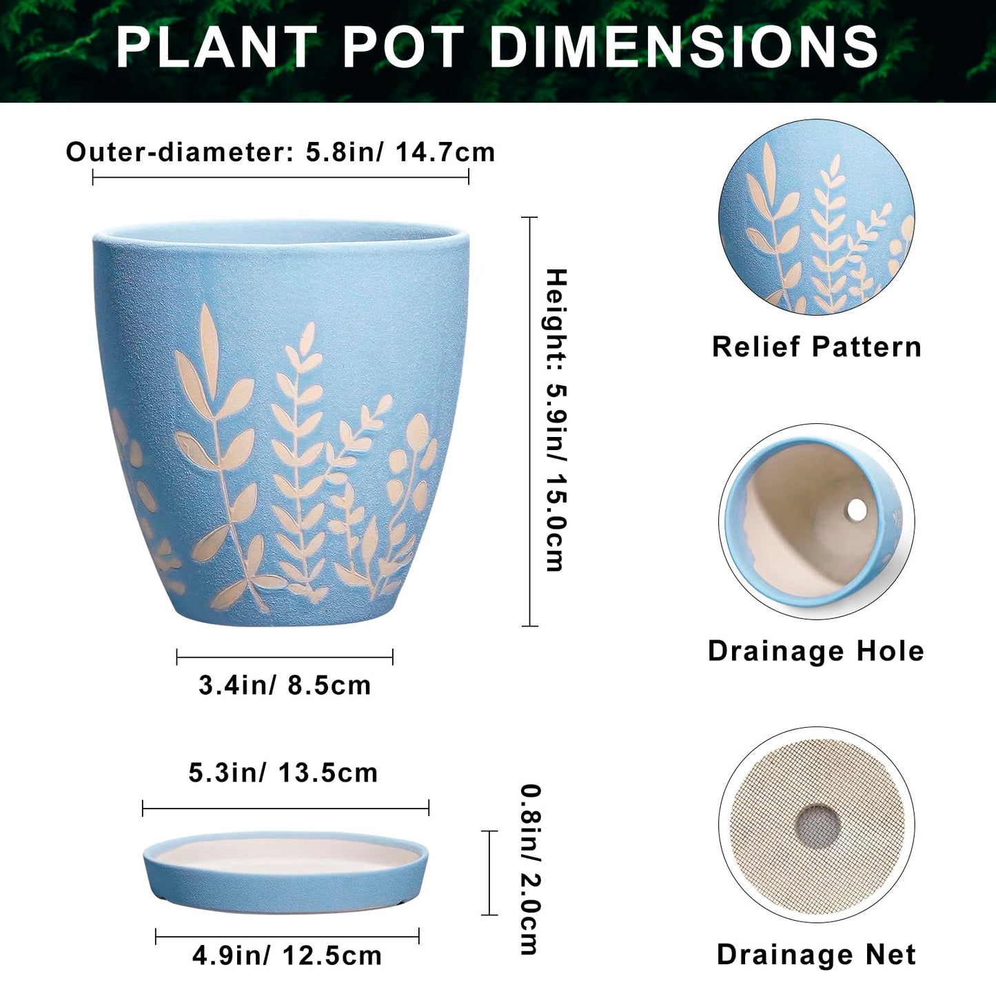 EPFamily 6 Inch Ceramic Plant Pot with Saucer - Small Flower Pot with Drainage for Succulents & Herbs, Boho Desk Home Office Room Decor, Plant Lovers Gifts, Blue