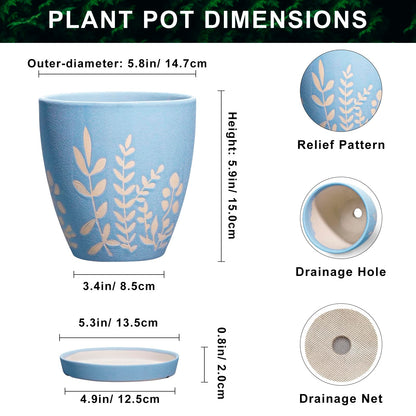 EPFamily 6 Inch Ceramic Plant Pot with Saucer - Small Flower Pot with Drainage for Succulents & Herbs, Boho Desk Home Office Room Decor, Plant Lovers Gifts, Blue