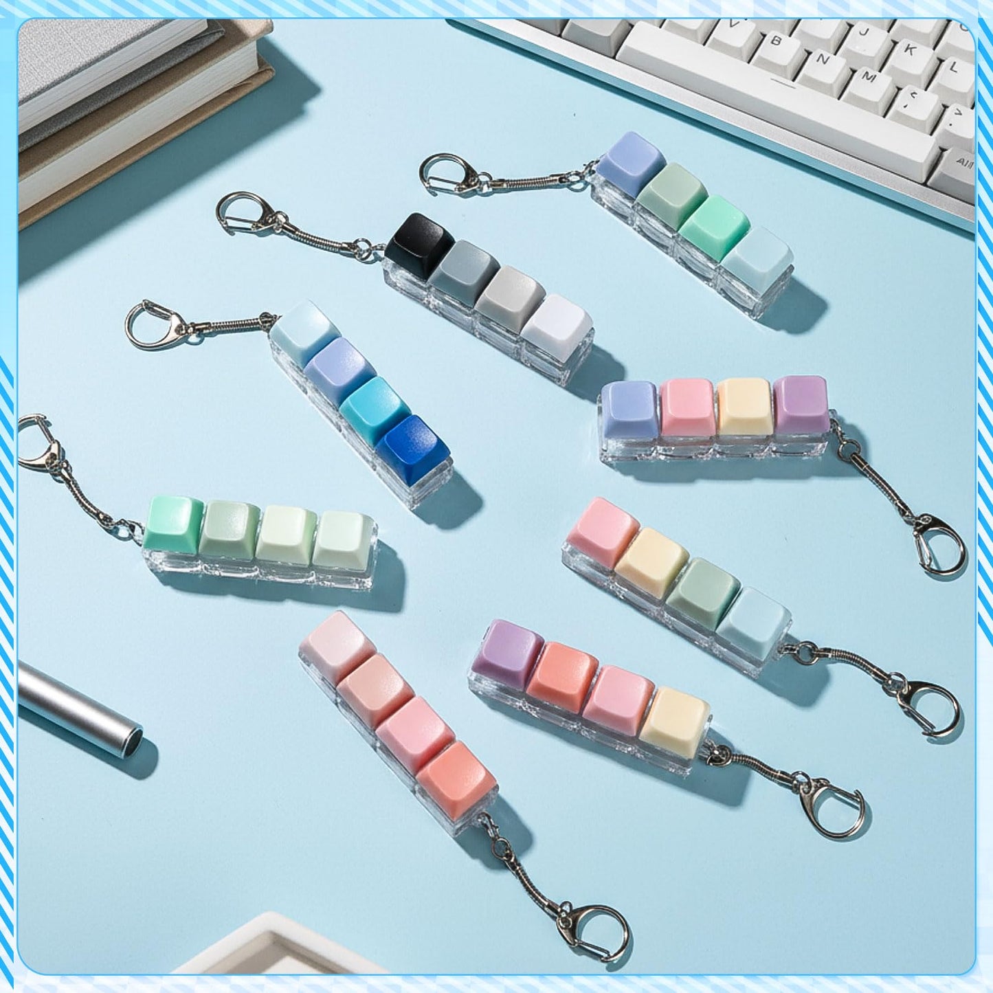 Halloscume 8 Pcs Silent and Click Sound Keyboard Adult Fidget Clicker Toy 4-in-1 Keyboard Fidget Keychain Cube Mechanical Key Button Clicker Stress Relief Gift for Office School Home to Pass the Time