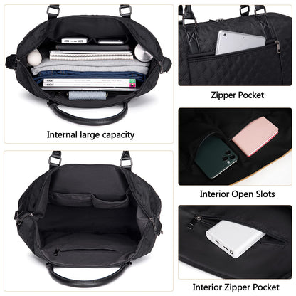 Women Ladies Weekender Carry-on Tote Bag Overnight Duffel in Trolley Handle (Quilted black)