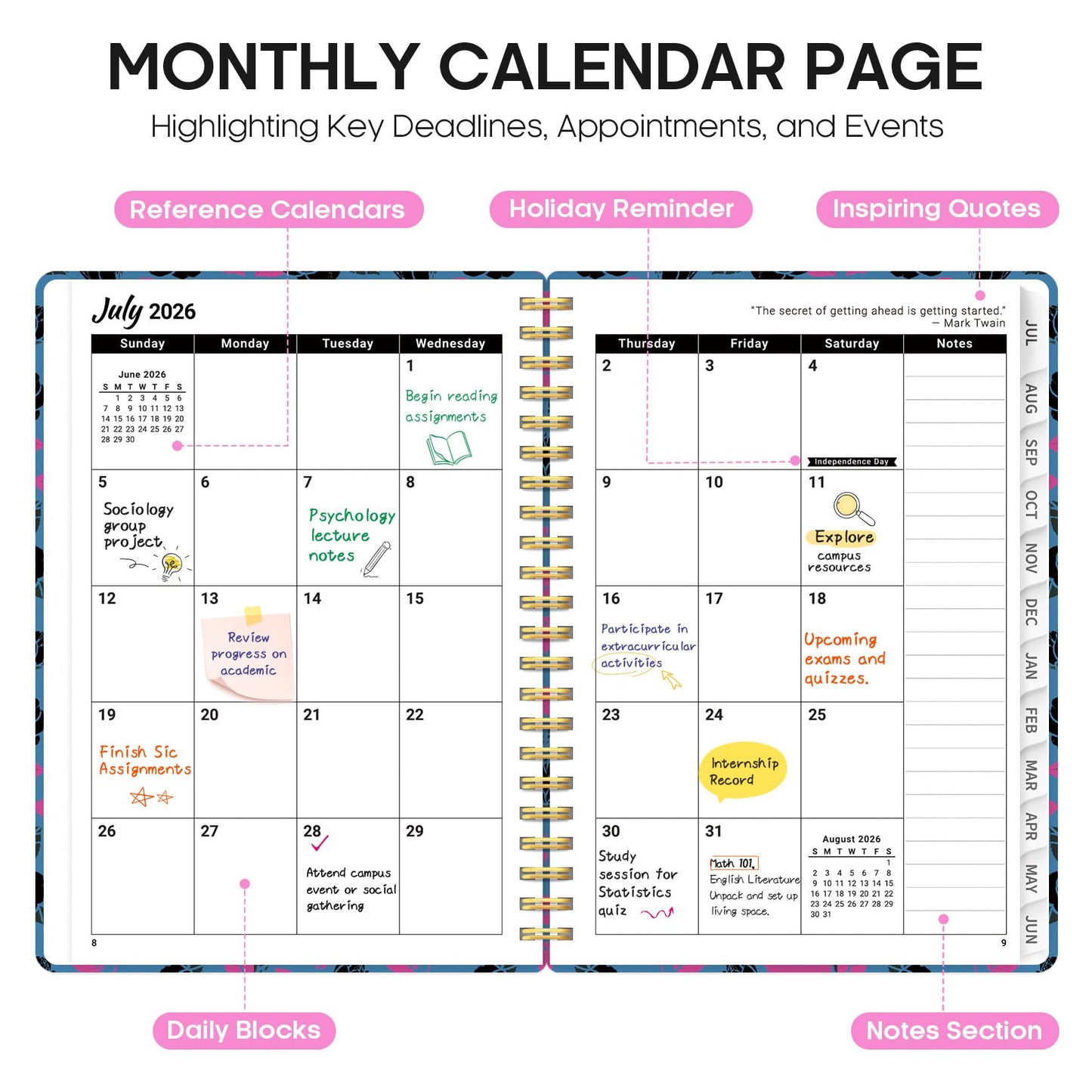 Planner 2026–2027, Weekly & Monthly Academic Organizer for School Year, Jul 2026–Jun 2027, Hardcover Planner with Tabs, Back to School Essential, 6.3" x 8.5", Midnight Roses
