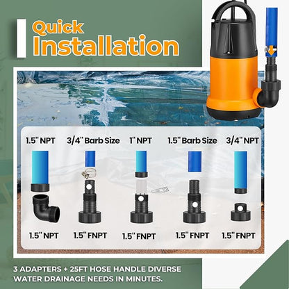 Submersible Sump Pump, Water Pump With 25Ft. Water Hose, Portable Utility Pump, Water Transfer Pump with 25-Foot Cord, 4000 GPH, Ideal for Swimming Pool, Garden Pond, Basement