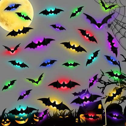 LeeSky 60 Pack Halloween 3D Lighted Bats Wall Decor, 3D Light Up Halloween Bats Wall Stickers for Halloweens Outdoor Indoor Bedroom Window Home Decals
