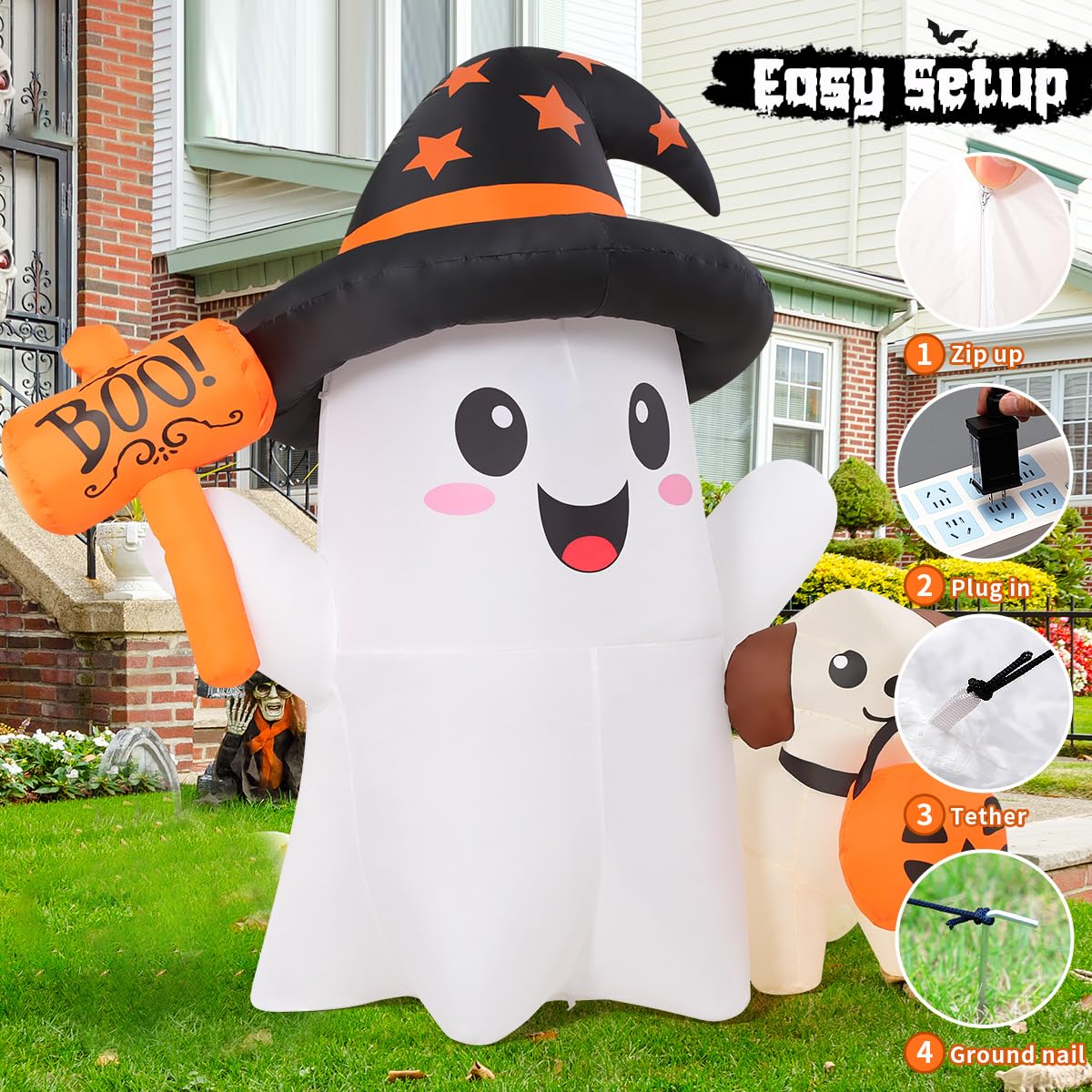 GOOSH 5 FT Halloween Inflatables Ghost Outdoor Decorations Blow Up Cute Ghost and Puppy with Hand-Held Light with Built-in LEDs for Halloween Garden Lawn Party Decor