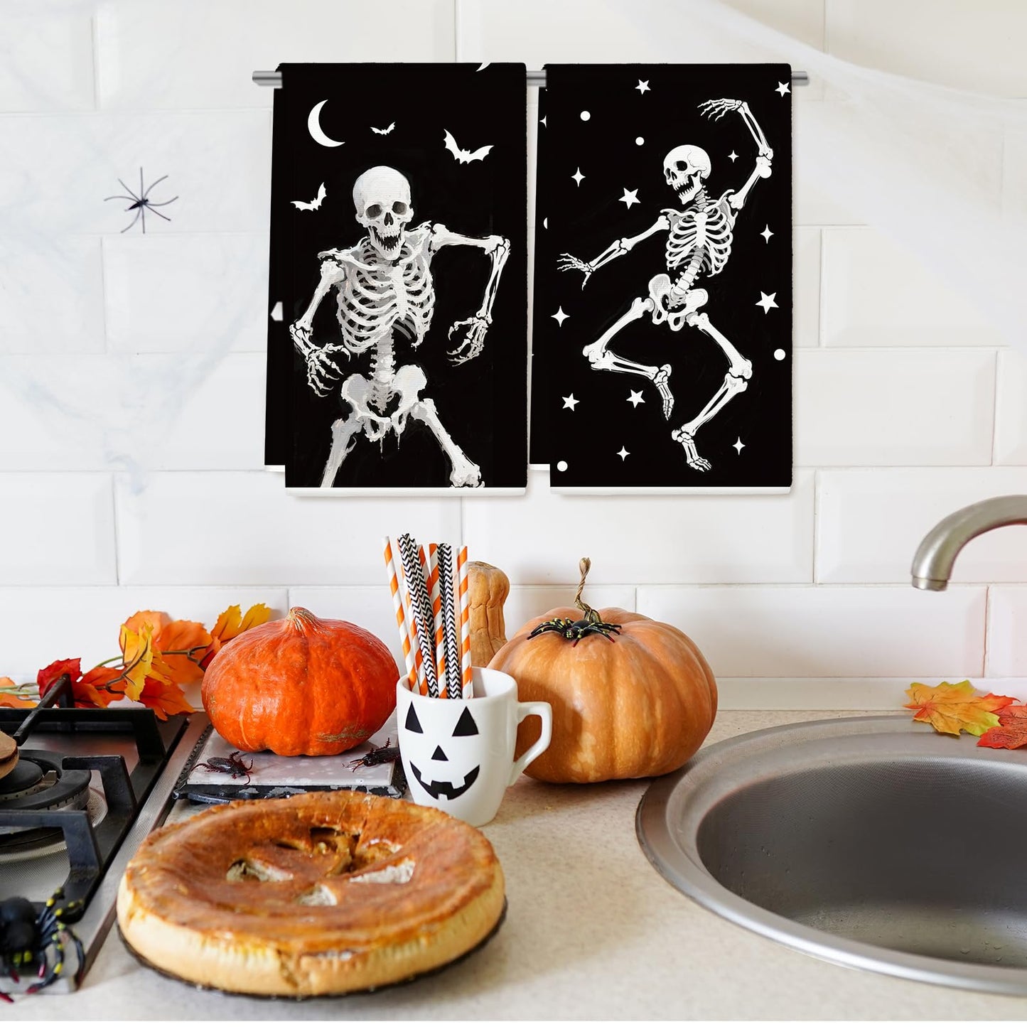 6Pcs Halloween Skeleton Kitchen Towels Spooky Dish Towel 18 x 28 Inch Hand Drying Tea Towel for Cooking Baking Cleaning