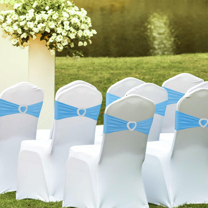 Zrlljp 100 Pack Spandex Stretch Blue Chair Sashes Bows Universal Elastic Light Blue Chair Cover Bands Ties with Buckle Slider for Wedding Party Banquet Ceremony Reception Event Decorations
