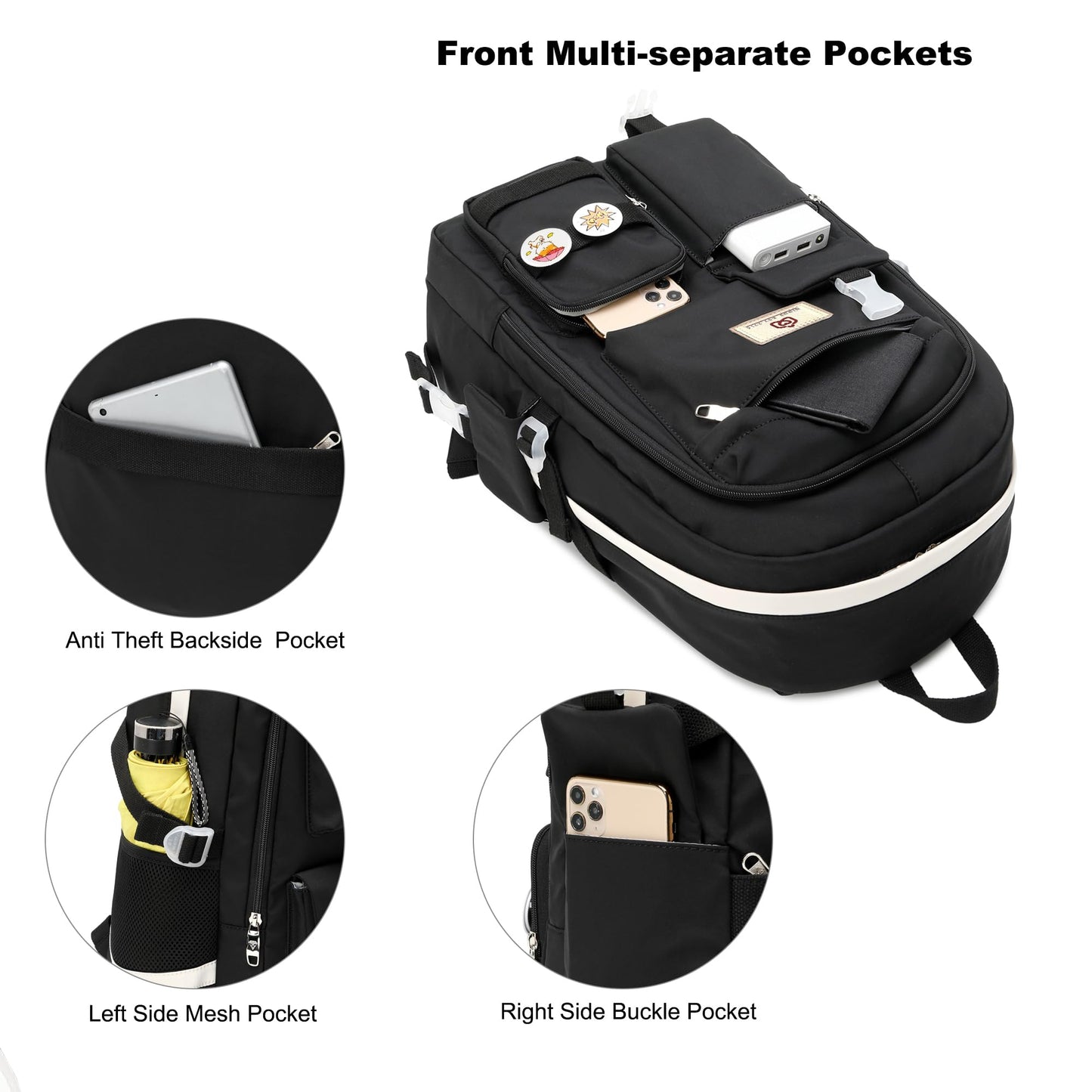 Hidds Laptop Backpacks 15.6 Inch College School Backpack for Girls Women Bookbag Cute Elementary Middle High School Bags Big Anti Theft Travel Daypack Kids Book Bag for Teens Womens Student (Black)