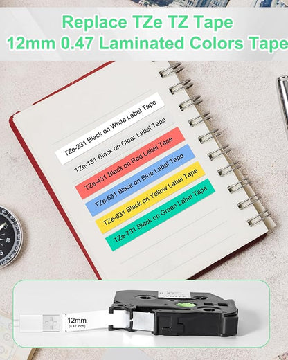 Labelife Replacement for Brother P Touch Label Maker Tape, TZe TZ Tape 12mm 0.47 Laminated Colored for Brother PT-D210 PT-D220 PT-H110 PT-D600 PT-D610BT, White/Clear/Red/Blue/Yellow/Green, 6-Pack